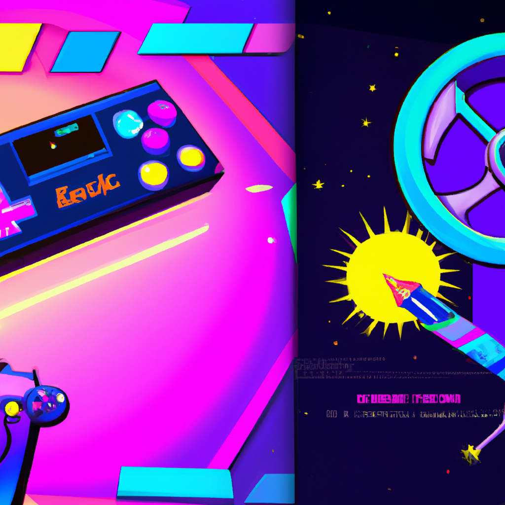 ArcadeForge hero montage: neon cabinet, controller, and level map